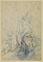 Landscape with trees by a rock (recto)