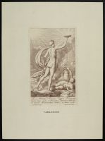 A nude youth seen from behind holding up a glowing plate, with a nymph holding an urn lying at his feet