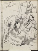 Man churning (?) watched by woman and child (recto)