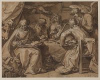 Four Evangelists seated at a table with their attributes