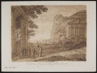 Coast scene with classical buildings, soldiers with spears and a man  holding plants
