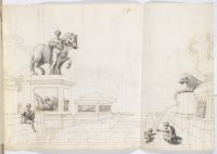 Carapecchia's Pratica delle machine de'Teatri. Perspective  drawing of an outdoor scenario with figures and ornaments