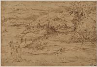 Coastline landscape with figures and towns