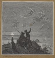 Night scene - man, boy and dog look at flying figures in the night sky