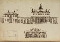 Design for a country house (Ranworth?) or possibly for a Trianon at Hampton Court, with an interior design for the display of a collection - page in an album