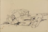 Part of broken machine seen in foregound of sketch, p. 9r, with tentative addition of figure