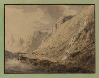 Mountain landscape, with men driving cattle