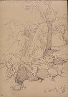 Moutainous landscape with foreground boulders and tree (recto)