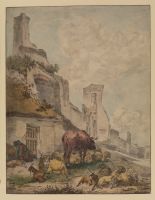 Landscape with cattle outside a town hall