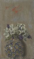 Sweet Violets - White and Blue Violets in a Patterned Bowl