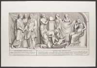 Plate 65 of 'Admiranda Romanarum Antiquitatum ac Veteris Sculpturae Vestigia': 'Arcae Marmoreae Lateralis Facies' and 'Eiusdem Arcae Anterior Facies'