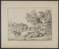 Landscape with buildings, a monument topped with a sphinx and a palm tree