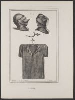 Two views of a singular helmet, an antique Pryck spur and a shirt of chainmail