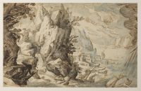 Rocky coastline with ship in a storm