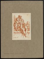 Group of five men, one seated on a wall, head in hand