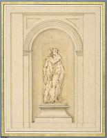 Two figures and a Cupid, surrounded by a later architectural frame