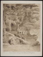 Wooded scene with a woman sitting at the foot of a large tree, other figures in the background