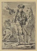 Cavalryman standing by his horse, and three seated soldiers
