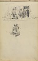 Women seated and standing by cottage door (recto)