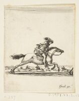 A horseman with a sword gallops towards right