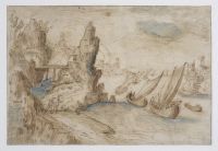 Imaginary coastal scene with fishing vessels