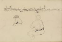 Distant view of Venice, with two seated men (? in a boat), foreground
