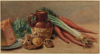 Still life with double Gloucester cheese on a blue and white  plate, mushrooms in a punnet, carrots, celery, and half-glazed  stoneware jug