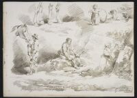 Studies of figures, a dog and horses