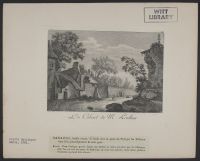 Landscape with a man and child walking along a path through a village