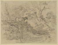 Wooded landscape with a cow on a bank