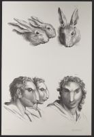 Three male human heads and three rabbit heads