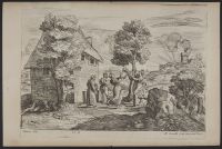 Figures gathered under a tree, trying to catch a swarm of bees