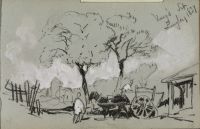 Farm buildings, with figures and horse and cart (recto)