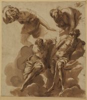 Studies of figures (man walking, draped female figure, two male saints) after Tintoretto's 'Last Judgment'