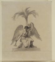 Winged female figure with trumpet under a palm tree -  illustration to Bowyer's 'History of England'