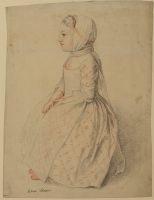 Full length seated left profile view of young girl - Anne Hoare