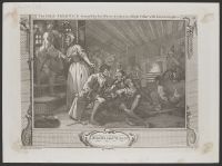 Industry and Idleness, Plate 9, The Idle 'Prentice betray'd by hus Whore, & taken in a Night Cellar with his Accomplice