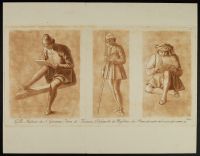 Studies of three men, two seated and writing, one standing,  holding a book