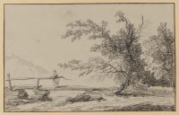Landscape with woman on a footbridge