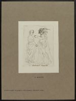 Standing male and female figures, man wearing a hat
