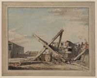 Overturned windmill on Barnes Common after a storm