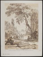 Landscape with classical ruins and people dancing in the centre, with a man in the foreground leaning against a capital