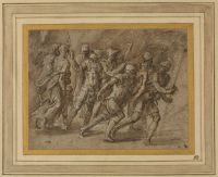 Two women following a group of marching soldiers