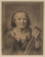 Bust of elderly woman holding a hammer