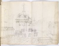 Carapecchia's Pratica delle machine de'Teatri. Perspective  drawing of an outdoor scenario with figures and a building