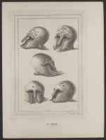 Three views of one Greek brass helmet and two views of another
