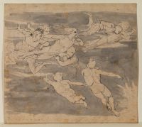 Figures soaring in a half circle