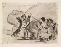 Group of figures seated by a large rock, one with arms in the air, one man helping a swooning woman, the other in religious habit