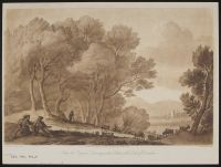 Landscape with two women in the foreground, a shepherd with goats and trees