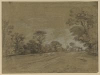 Study of a meadow with sheep and distant farm buildings